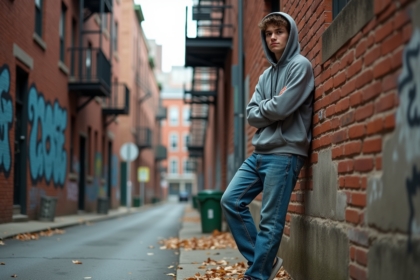 Jeune homme décontracté dans une ruelle urbaine graffiti