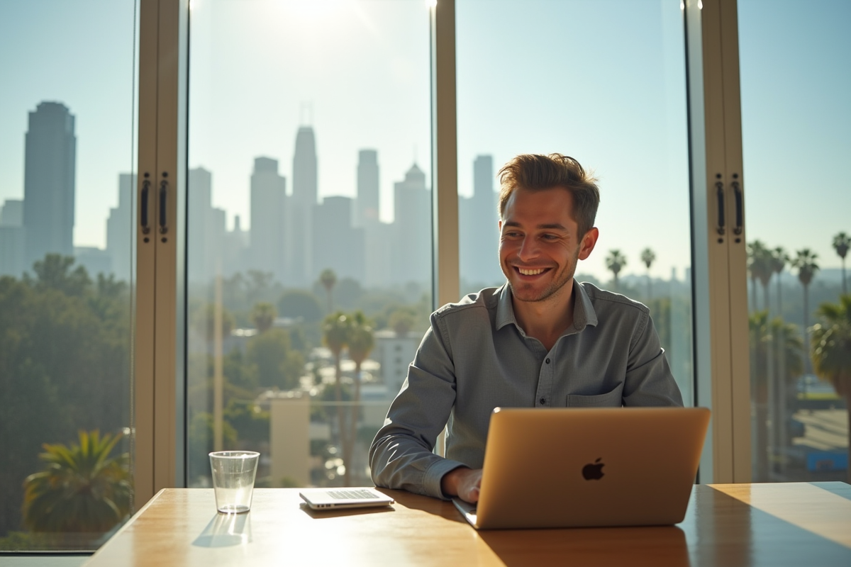 Jeune professionnel souriant avec ordinateur dans appartement californien