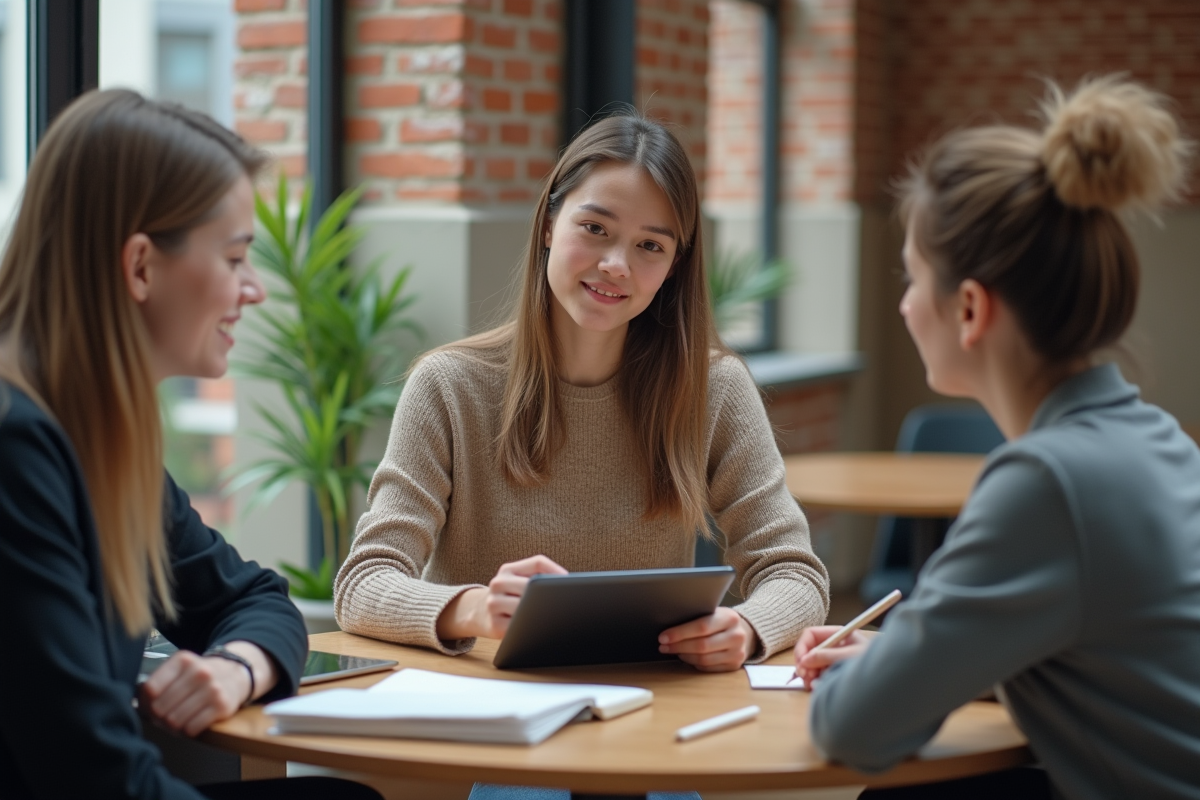 Jeune femme discutant avec collègues dans un espace de coworking