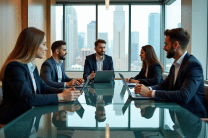 Groupe de jeunes entrepreneurs fintech en réunion dans un bureau moderne