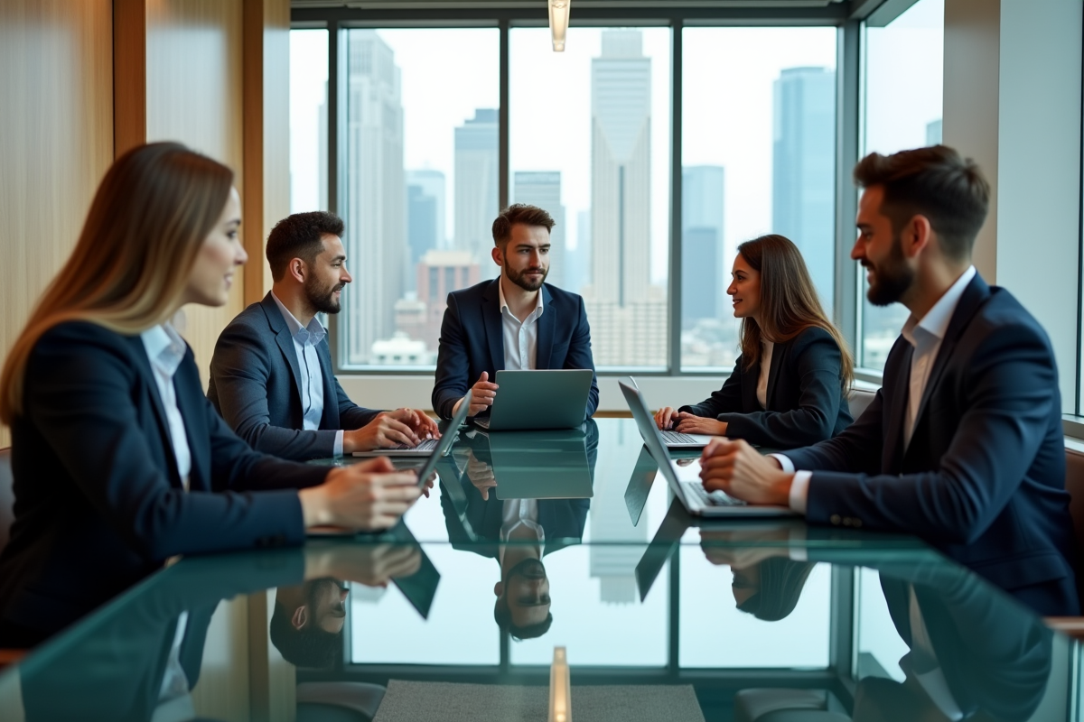 Groupe de jeunes entrepreneurs fintech en réunion dans un bureau moderne
