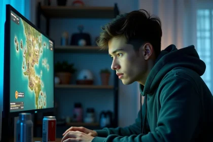 Joueur concentré devant son écran analysant une composition TFT avec gestion d'or et stratégie d'économie