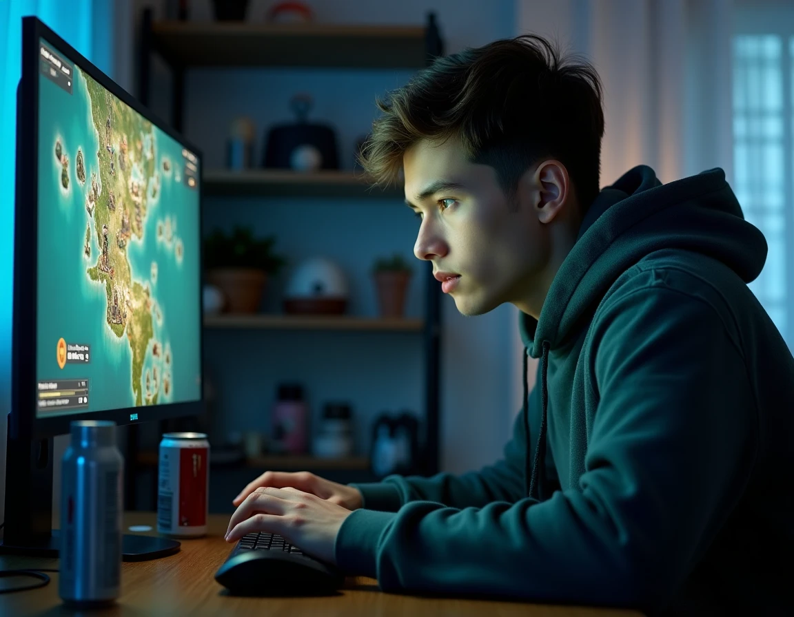Joueur concentré devant son écran analysant une composition TFT avec gestion d'or et stratégie d'économie