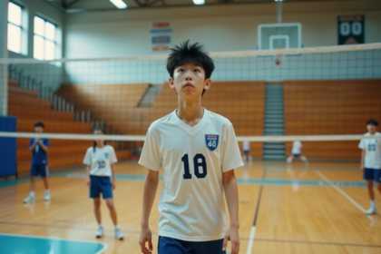 Jeune garçon en uniforme de volley japonais en action