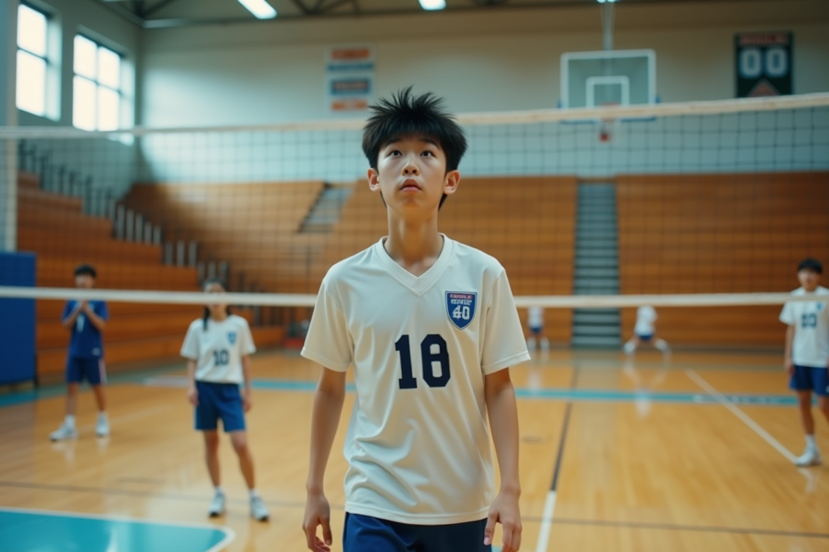 Jeune garçon en uniforme de volley japonais en action