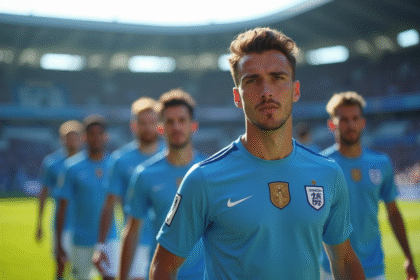 Groupe de joueurs de football en maillots bleus et blancs sur le terrain