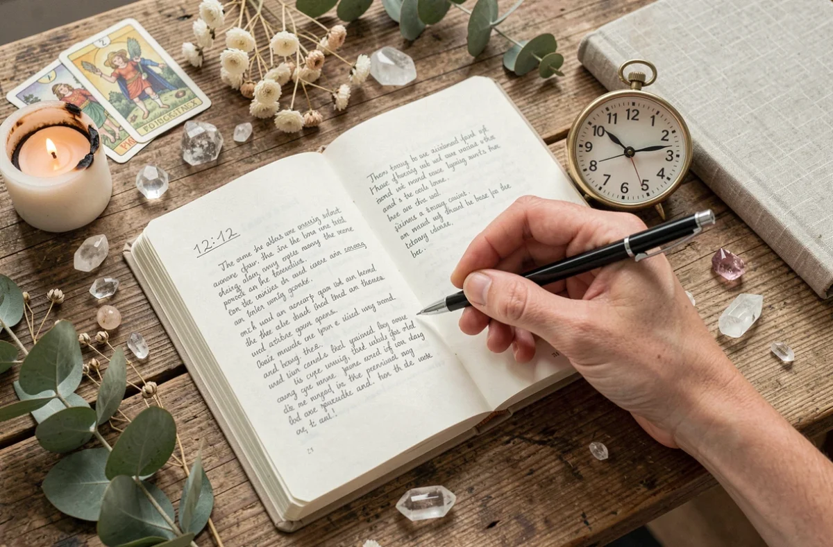 Journal ouvert et horloge affichant 12h12 sur un bureau spirituel avec cristaux et fleurs séchées