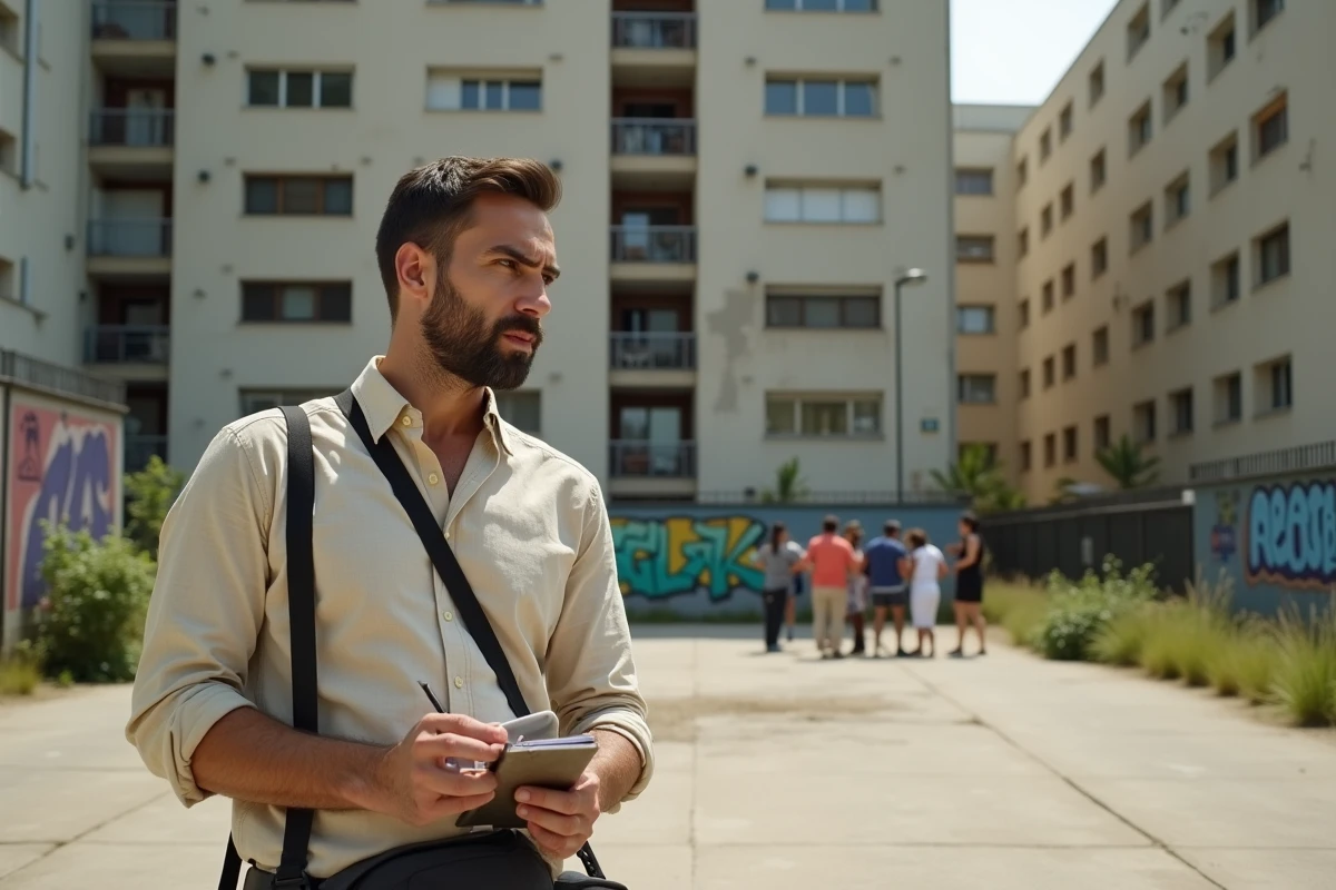Journaliste prenant des notes dans une cité HLM des quartiers nord de Marseille