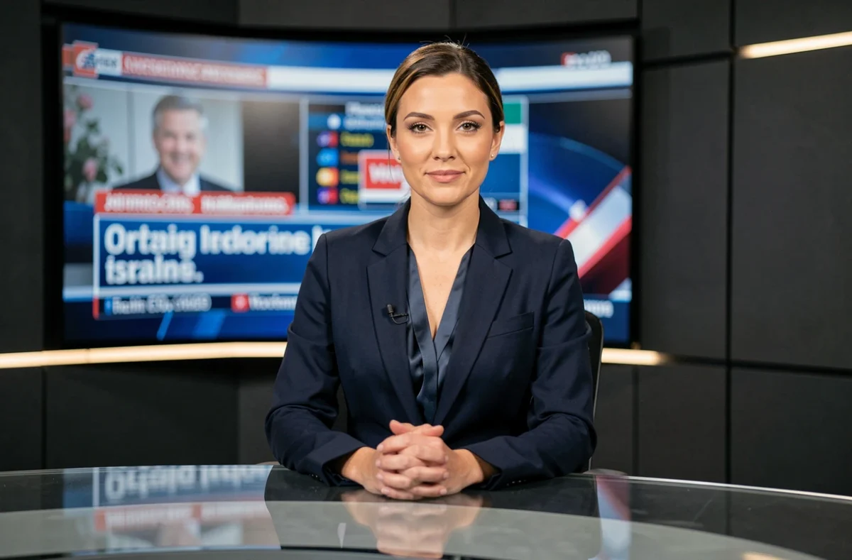 Journaliste présentatrice de JT assise derrière un bureau de télévision moderne avec écran LED en arrière-plan