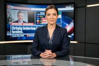 Journaliste présentatrice de JT assise derrière un bureau de télévision moderne avec écran LED en arrière-plan