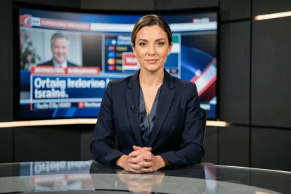 Journaliste présentatrice de JT assise derrière un bureau de télévision moderne avec écran LED en arrière-plan
