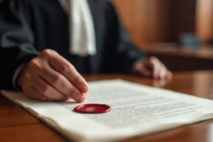 Main de juge posant un document scelle sur un bureau de tribunal
