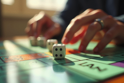 Mains lançant des dés près d'un plateau de Monopoly