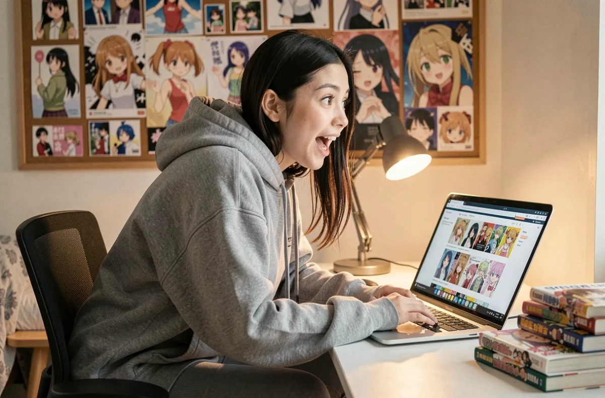 Jeune femme fan de One Piece découvrant un scan en ligne sur son ordinateur portable dans sa chambre