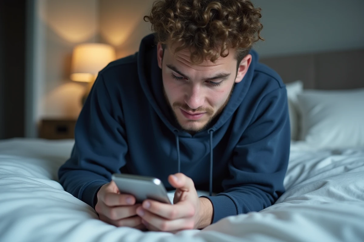 Jeune homme lisant des mangas sur smartphone allongé sur un lit avec des draps blancs dans une chambre moderne