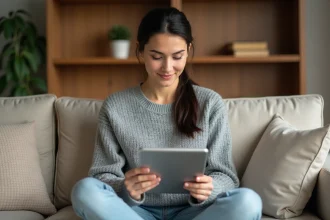 Femme lisant un manga sur tablette confortablement installée sur un canapé en lin beige dans un salon moderne