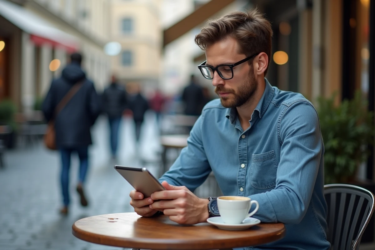 Homme lisant des mangas sur tablette en terrasse de café urbain avec un expresso sur la table