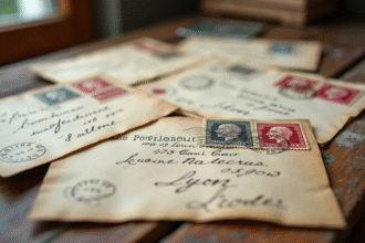 Pile de lettres anciennes de Lyon sur une table en bois