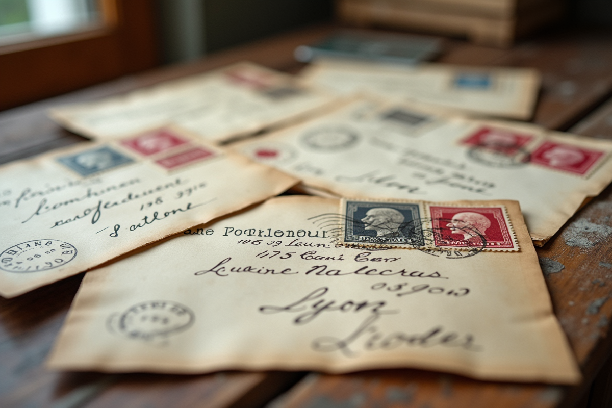 Pile de lettres anciennes de Lyon sur une table en bois