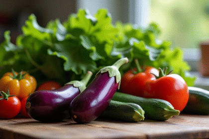 Légumes colorés avec aubergines violettes et courgettes vertes