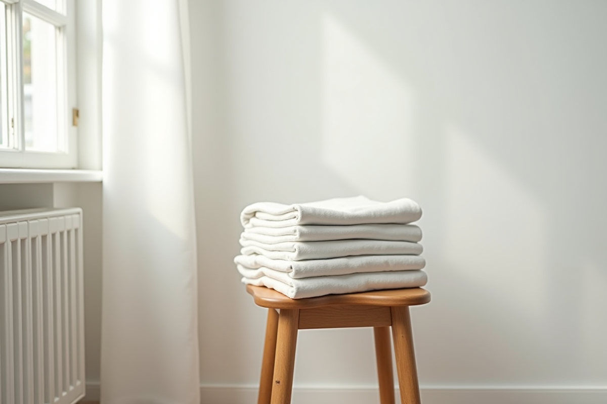 Linge plié sur une chaise en bois devant un mur blanc