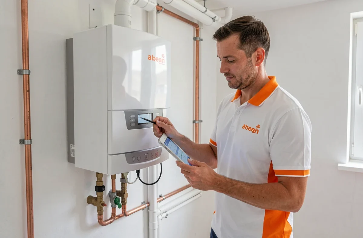 Un technicien de Lorraine Energie vérifie les données d'une chaudière à condensation moderne dans un logement de la Meuse