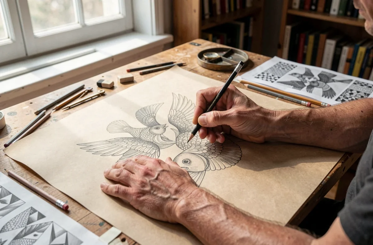 Mains d'artiste dessinant des tessellations entrelacées inspirées de l'art géométrique d'Escher sur papier cartouche
