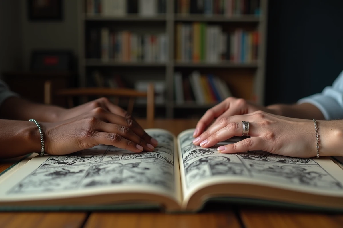 Gros plan de deux mains d'âges différents posées sur un comic book ouvert symbolisant la transmission entre générations de super-héros Spider-Man