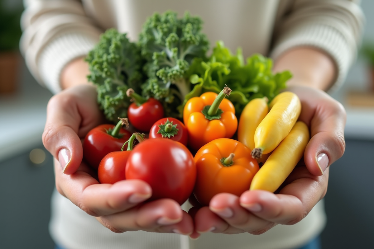 Mains tenant des fruits et légumes frais dans une cuisine lumineuse