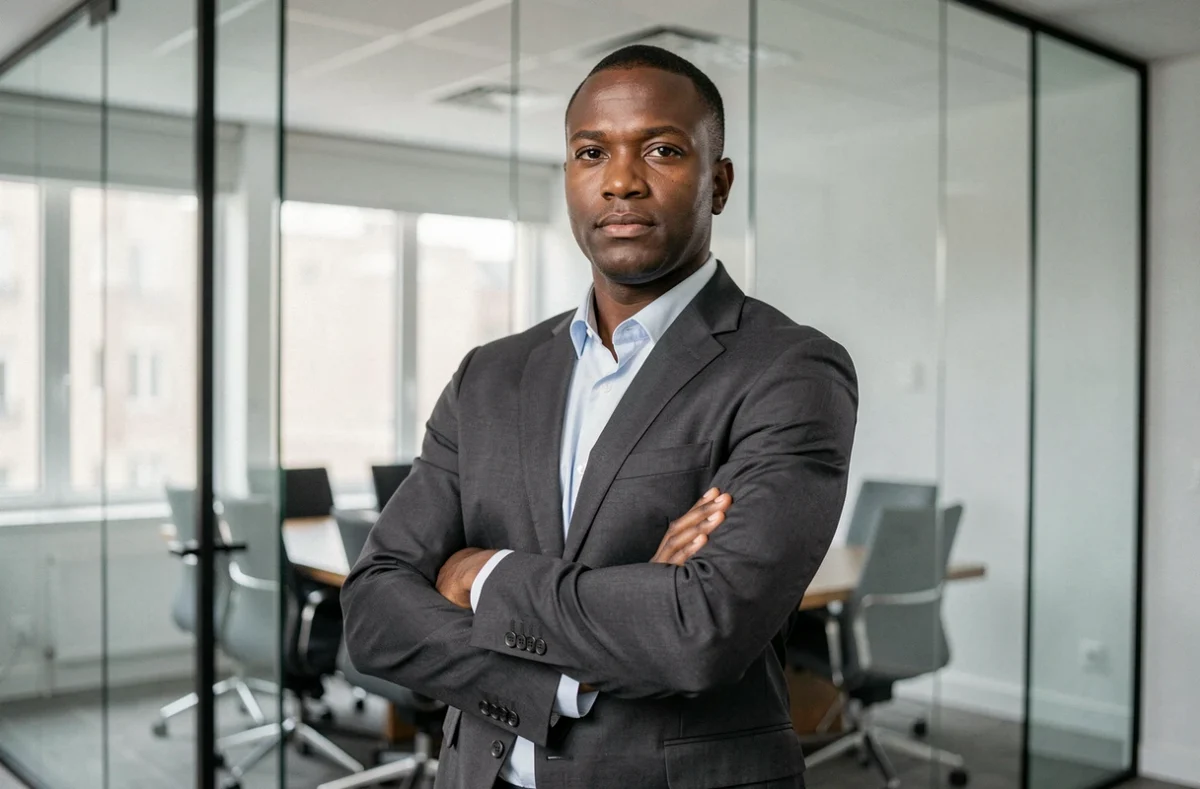 Maître Abdoulaye Cisse, avocat en Seine-Saint-Denis, posant devant une salle de conférence dans un cabinet moderne