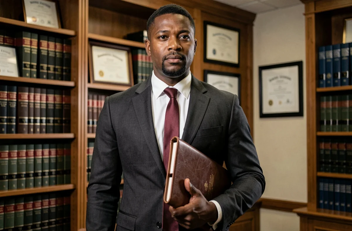 Maître Emmanuel Fotso, avocat en Seine-Saint-Denis, en costume sombre dans son cabinet juridique