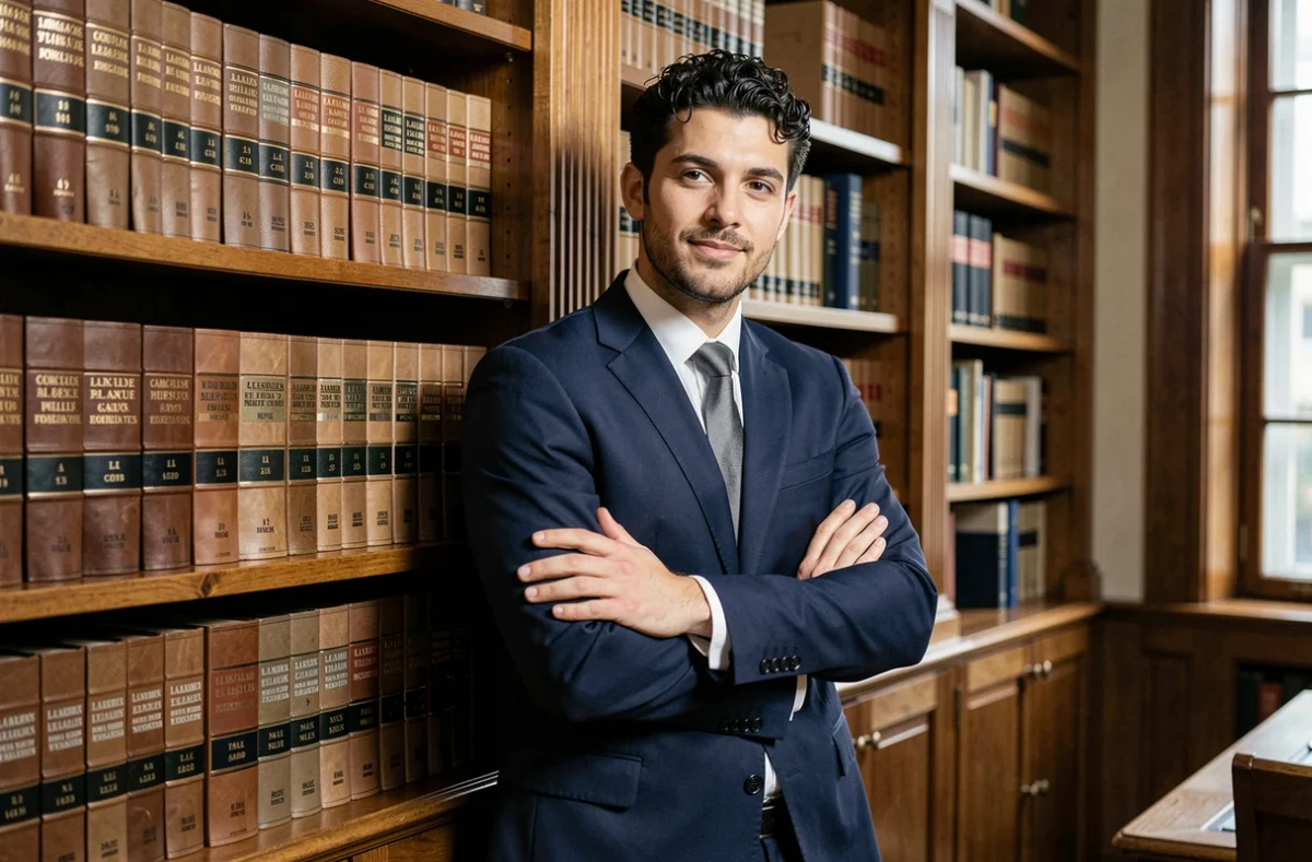 Maître Idriss Turchetti, avocat en Seine-Saint-Denis, appuyé contre une bibliothèque juridique dans son cabinet