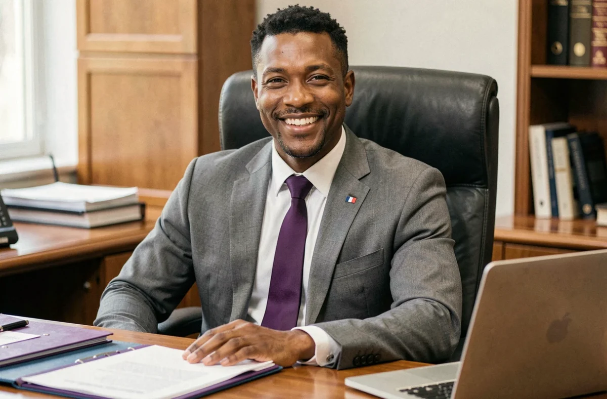 Maître Moussa Sacko, avocat en Seine-Saint-Denis, assis à son bureau dans un cabinet juridique professionnel
