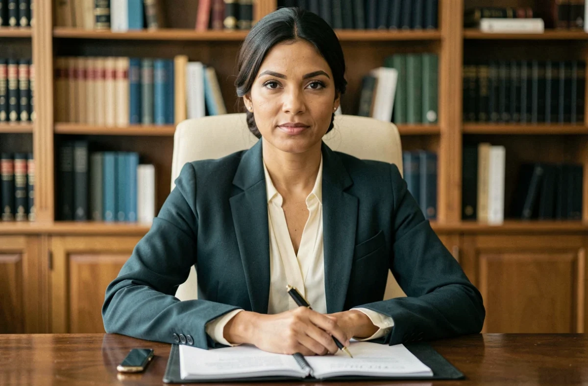Maître Myriam Driouch, avocate en Seine-Saint-Denis, assise à une table de conférence avec un dossier juridique
