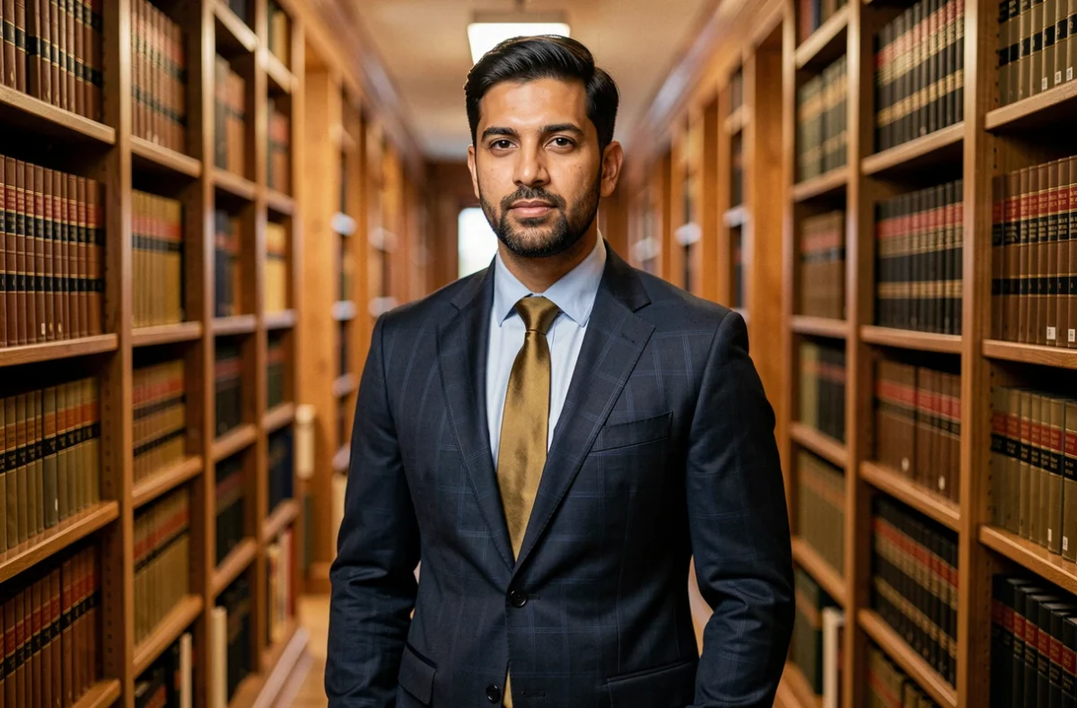 Maître Nabil El Ouchikli, avocat en Seine-Saint-Denis, dans un couloir de bibliothèque juridique entre des volumes de droit