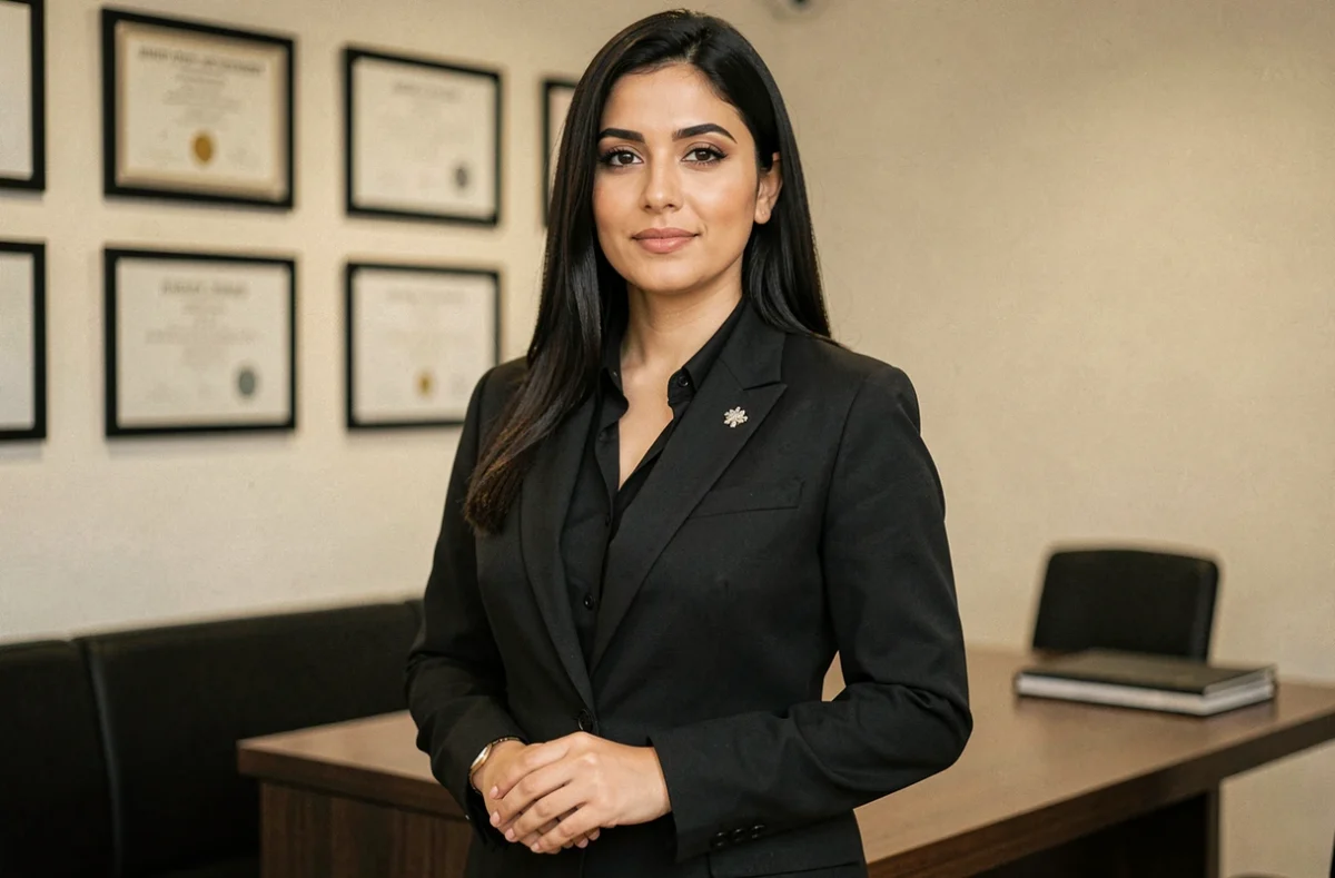 Maître Sanam Mohsenzadegan, avocate en Seine-Saint-Denis, dans un cabinet juridique élégant avec diplômes au mur