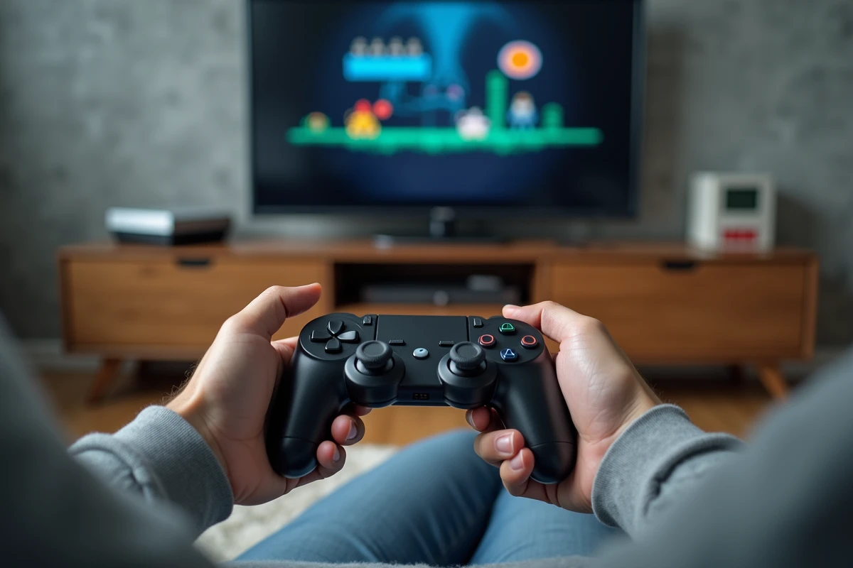 Mains adultes tenant une manette rétro devant une télévision murale affichant un jeu vidéo pixel art dans un appartement moderne