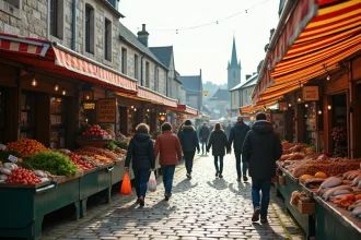 Vue panoramique du marché de Plouguerneau avec ses étals colorés et ses vendeurs locaux sur la place principale en granit breton