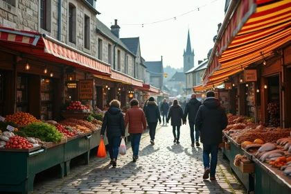 Vue panoramique du marché de Plouguerneau avec ses étals colorés et ses vendeurs locaux sur la place principale en granit breton