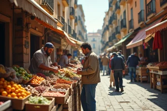 Marché de rue animé dans les quartiers nord de Marseille avec vendeurs et immeubles anciens en arrière-plan