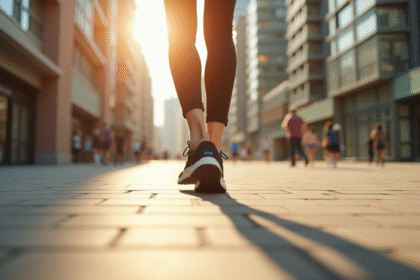 Personne marchant en ville avec tracker de fitness et soleil