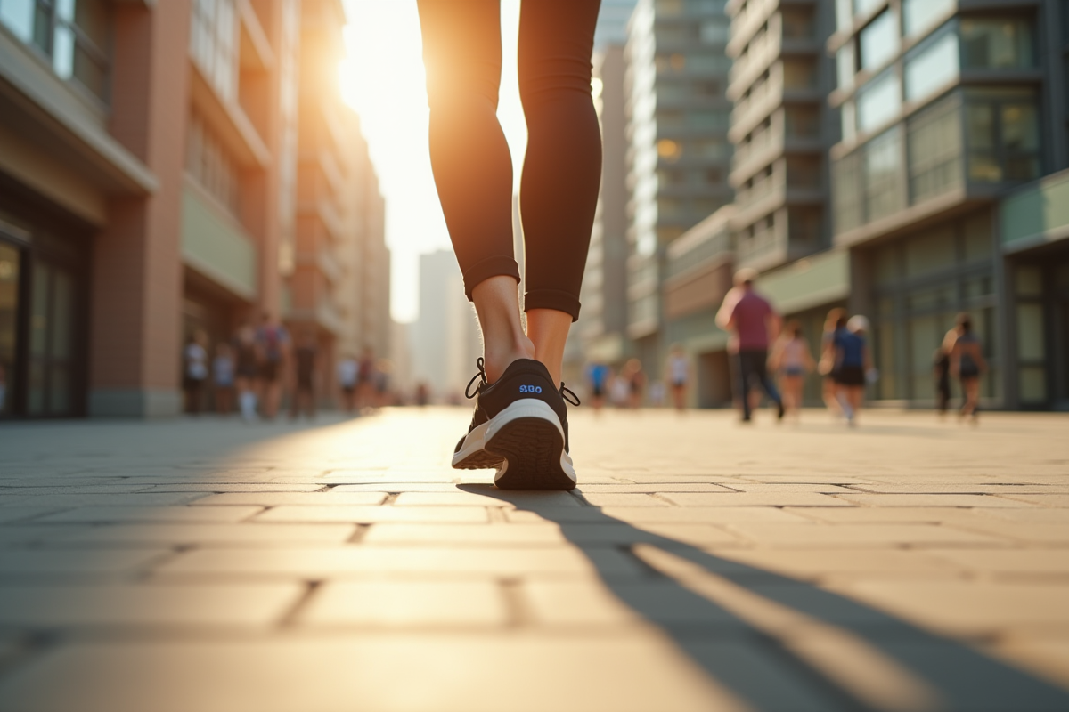 Personne marchant en ville avec tracker de fitness et soleil