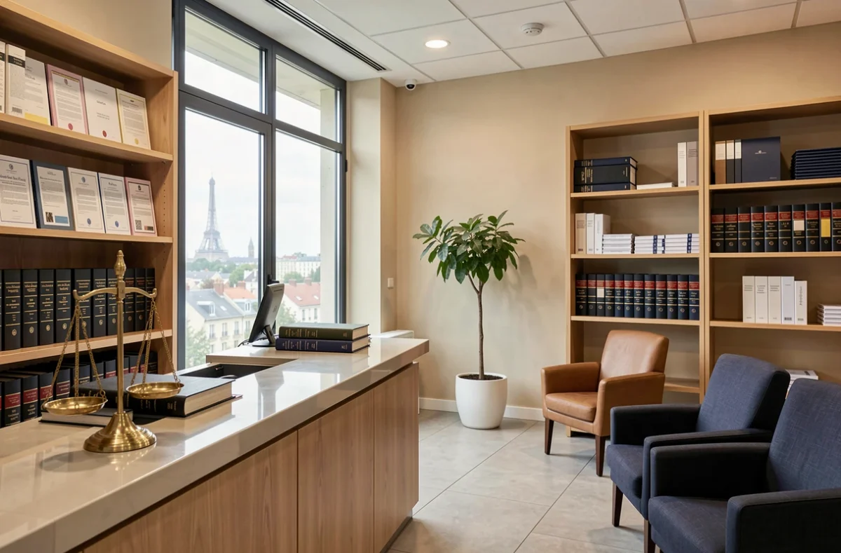 Hall d'entrée d'un cabinet d'avocats moderne en Seine-Saint-Denis avec des livres juridiques et une balance de la justice