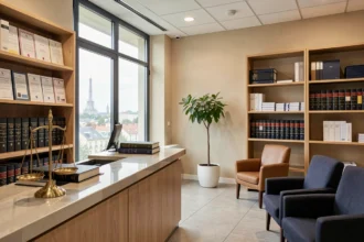 Hall d'entrée d'un cabinet d'avocats moderne en Seine-Saint-Denis avec des livres juridiques et une balance de la justice