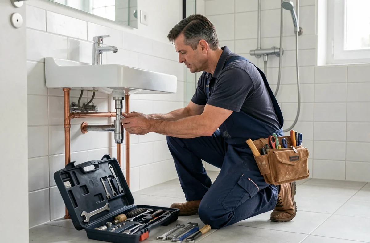 Un plombier professionnel inspecte des tuyaux en cuivre sous un lavabo dans une salle de bain moderne, représentant les meilleurs plombiers de la Meuse