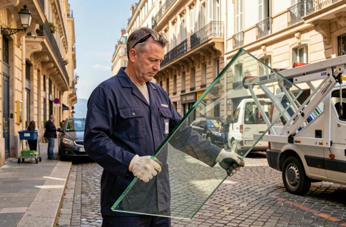 Vitrier professionnel portant une grande vitre dans une rue ensoleillée de Marseille avec façades haussmanniennes et vue sur la mer en arrière-plan