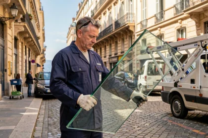 Vitrier professionnel portant une grande vitre dans une rue ensoleillée de Marseille avec façades haussmanniennes et vue sur la mer en arrière-plan