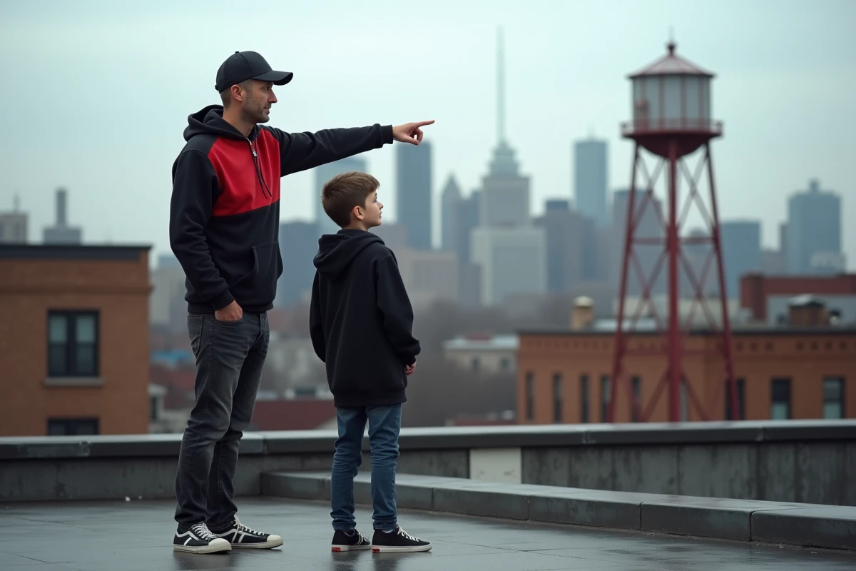 Un adolescent et son mentor adulte sur un toit urbain contemplant la skyline de New York dans une scène d'apprentissage inspirée de l'univers Spider-Man