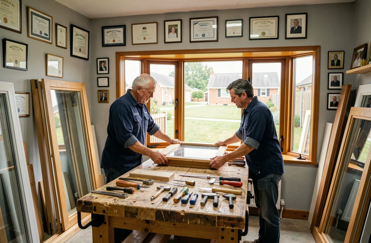 Père et fils de la Menuiserie B.M. Mucci Et Fils installant une fenêtre en bois vitrée dans leur atelier familial de menuiserie à Marseille