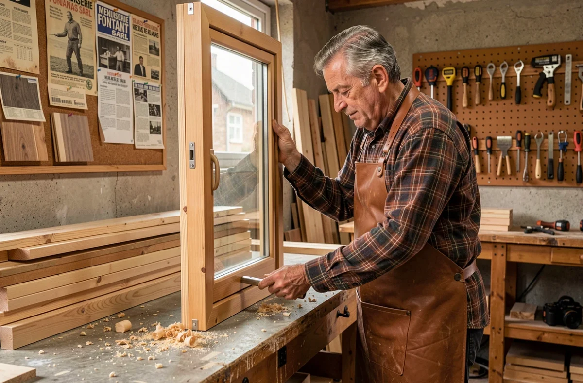 Menuisier-vitrier de la Menuiserie Fontant Sarl posant une vitre dans un cadre en bois dans un atelier artisanal traditionnel à Marseille
